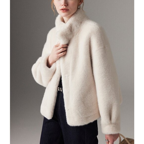 Eco Faux Mink Velvet Collarless Jacket - Picture 2 of 7